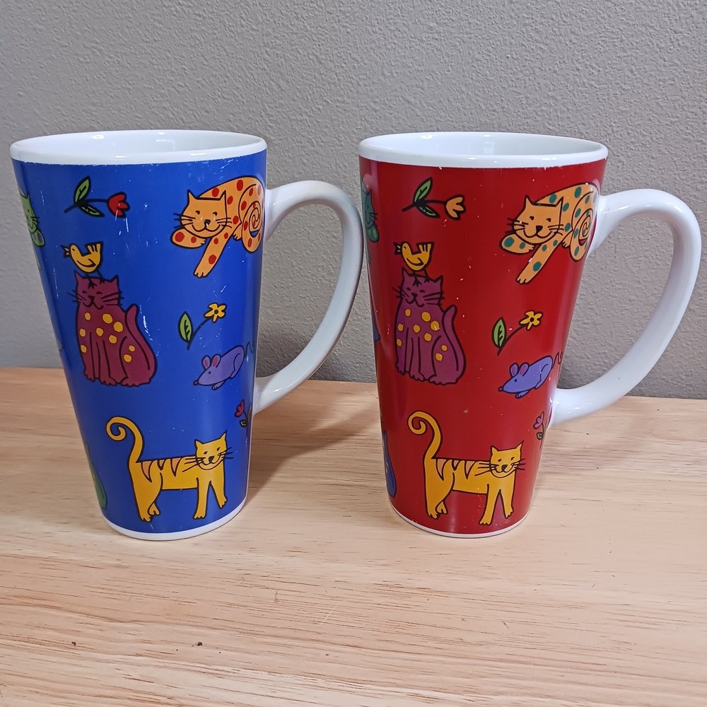 Signature Housewares Riviera Van Beers Colorful Crazy Cat Design Mugs Set of 2
